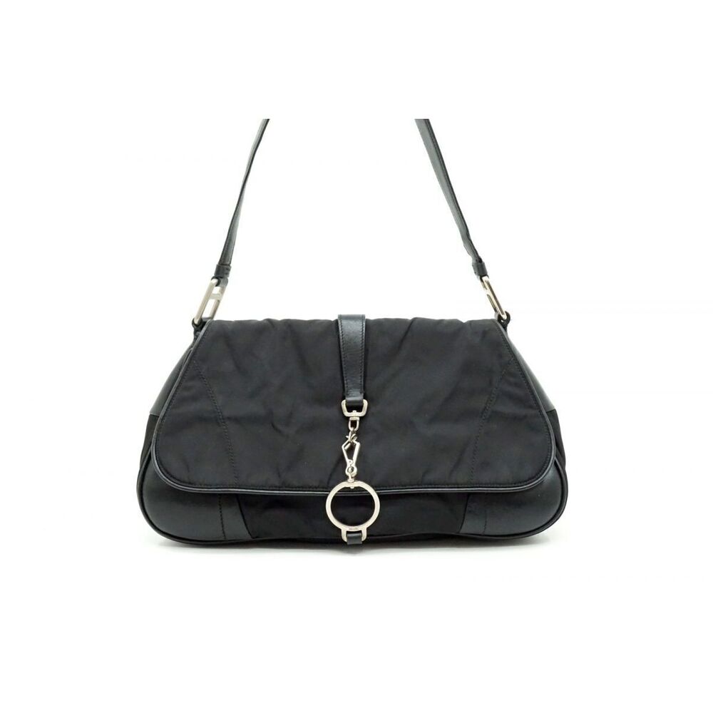 Prada Hobo Handbag Ring Buckle Triangle Plate Tessuto Black